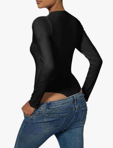 Women's Square Neck Long Sleeve Bodysuit Sexy Thong Double-Lined Tops in Saudi Arabia