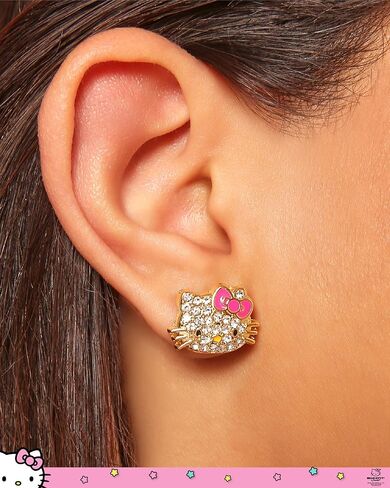 Pave Crystal Hello Kitty أقراط للنساء الترخيص الرسمي ، نغمة الذهب وتدخل المينا أو أقراط مسمار ، مجوهرات Sanrio in Kuwait