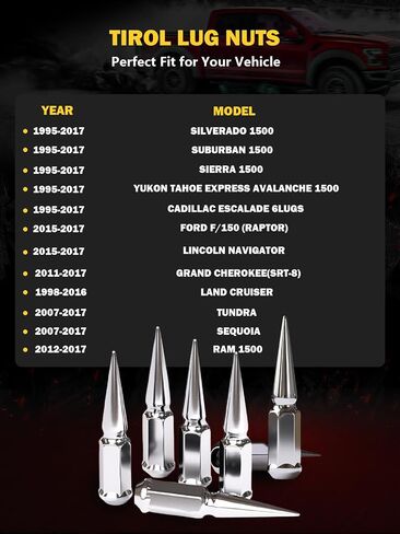 TIROL 24pcs M14X1.5 Spike Lug Nuts, Compatible with 07-17 Sequoia/Tundra, 95-17 Silverado/Sierra 1500, 12-17 Ram 1500/Grand Cherokee, One-Piece Design Factory Chrome Acorn Wheel Nuts with Socket Key in Saudi Arabia