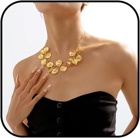 Gold Leaf Necklace for Women - Trendy Chunky Statement Choker - Bohemian Summer Jewelry in Saudi Arabia