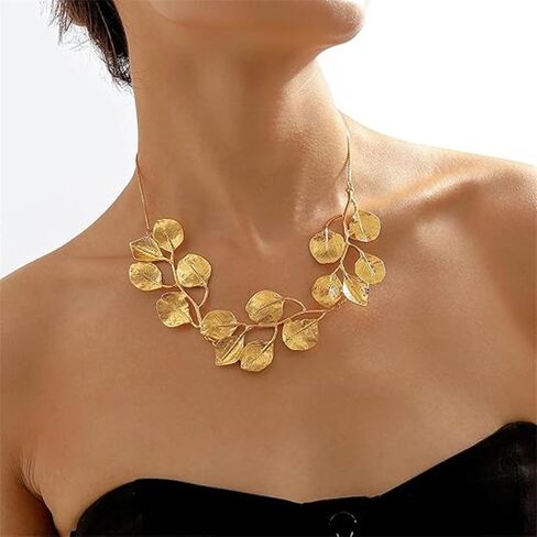 Gold Leaf Necklace for Women - Trendy Chunky Statement Choker - Bohemian Summer Jewelry in Saudi Arabia