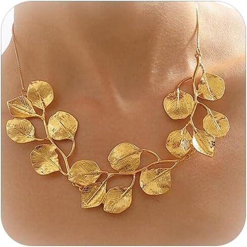 Gold Leaf Necklace for Women - Trendy Chunky Statement Choker - Bohemian Summer Jewelry in Saudi Arabia