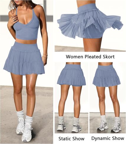 Women's Pleated Flowy Ruffle Tennis Skirt Skort for Women High Waisted Mini Athletic Golf Skirt with Shorts Pocket in Kuwait