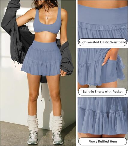 Women's Pleated Flowy Ruffle Tennis Skirt Skort for Women High Waisted Mini Athletic Golf Skirt with Shorts Pocket in Kuwait