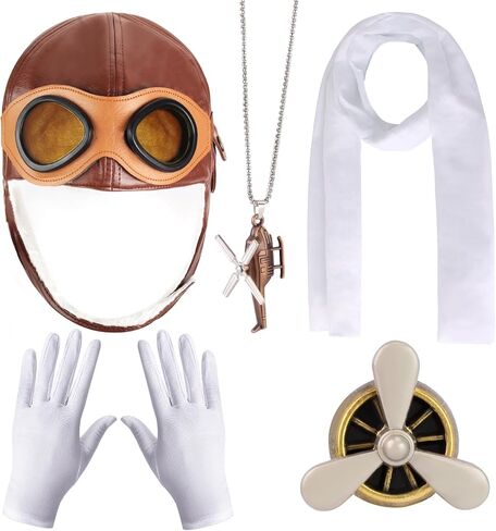 Kyson 5 Pcs Aviator Costume Accessories Pilot Cap with Goggles Retro Brooch White Necklace Gloves Halloween Dress-UP Set in Saudi Arabia