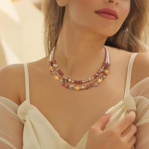 Coiris Layered Shell Beaded Necklaces for Women Handmade Boho Colored Bead Choker Necklace Holiday Style Costume Jewelry for Women in Saudi Arabia