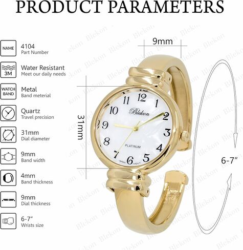 Blekon Original Mother of Pearl Cuff Bracelet Watch for Women with 31mm case Japanese Quartz Movement Metal hinged Bangle Style Cuff Wrist Watch for Ladies… in Saudi Arabia