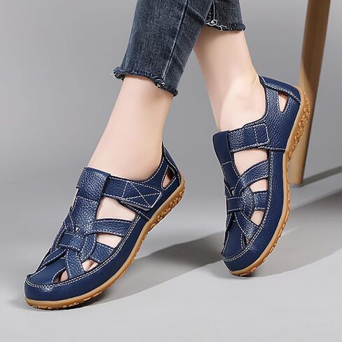MOYOWEI Women's Woven Closed Toe Leather Sandals,Comfortable Orthopedic Softsole Ankle Strap Boho Gladiator Beach Casual Shoes in Saudi Arabia
