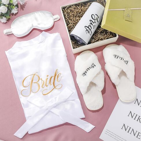 Handepo 5 Pcs Bridal Shower Robe Gifts Bride Gift Set with Sleeping Eye Mask Slippers for Wedding Party Bridesmaids(Bride) in Kuwait