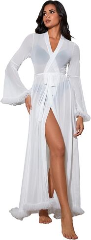 OYOANGLE Women's Ruffle Trim Long Sleeve Belted Sheer Mesh Wedding Bride Robe Nightgown in Saudi Arabia