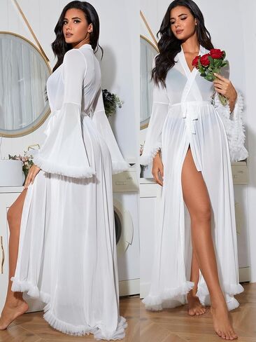 OYOANGLE Women's Ruffle Trim Long Sleeve Belted Sheer Mesh Wedding Bride Robe Nightgown in Saudi Arabia