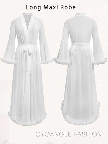 OYOANGLE Women's Ruffle Trim Long Sleeve Belted Sheer Mesh Wedding Bride Robe Nightgown in Saudi Arabia