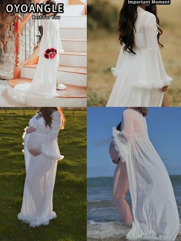 OYOANGLE Women's Ruffle Trim Long Sleeve Belted Sheer Mesh Wedding Bride Robe Nightgown in Saudi Arabia
