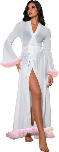 OYOANGLE Women's Ruffle Trim Long Sleeve Belted Sheer Mesh Wedding Bride Robe Nightgown in Saudi Arabia