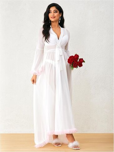 OYOANGLE Women's Ruffle Trim Long Sleeve Belted Sheer Mesh Wedding Bride Robe Nightgown in Saudi Arabia