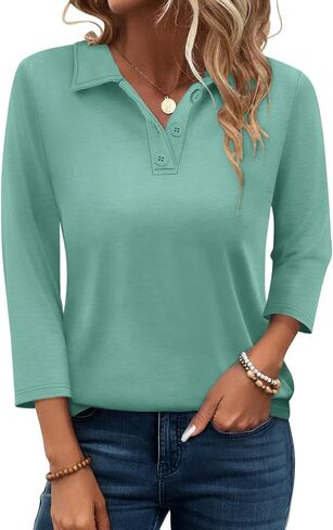 PGANDS Women's 3/4 Sleeve Polo Shirts V Neck Collared Button Basic Tops in Saudi Arabia