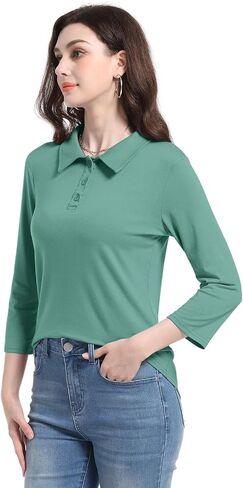 PGANDS Women's 3/4 Sleeve Polo Shirts V Neck Collared Button Basic Tops in Saudi Arabia