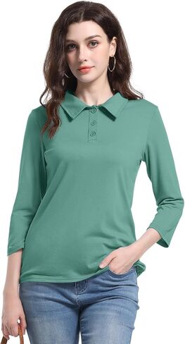 PGANDS Women's 3/4 Sleeve Polo Shirts V Neck Collared Button Basic Tops in Saudi Arabia