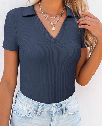 Womens Polo Shirts Short Sleeve Ribbed Blouse V Neck Summer Collared Basic Tee Blouses Business Casual Tops in Saudi Arabia