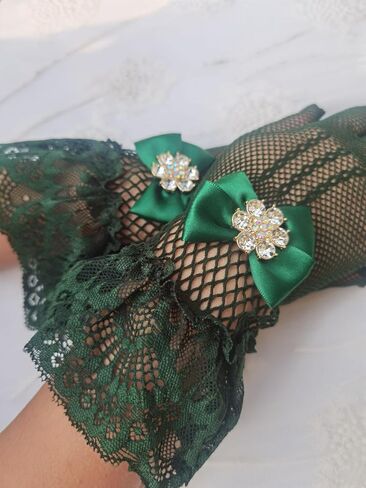 YHDDYG Fishnet Gloves with Rhinestone Bow & Lace Trim – Elastic Wrist-Length Gloves for Tea Part Evening Dress S67 in Saudi Arabia