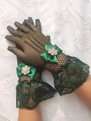 YHDDYG Fishnet Gloves with Rhinestone Bow & Lace Trim – Elastic Wrist-Length Gloves for Tea Part Evening Dress S67 in Saudi Arabia