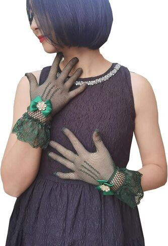 YHDDYG Fishnet Gloves with Rhinestone Bow & Lace Trim – Elastic Wrist-Length Gloves for Tea Part Evening Dress S67 in Saudi Arabia