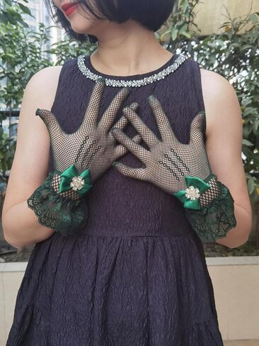YHDDYG Fishnet Gloves with Rhinestone Bow & Lace Trim – Elastic Wrist-Length Gloves for Tea Part Evening Dress S67 in Saudi Arabia