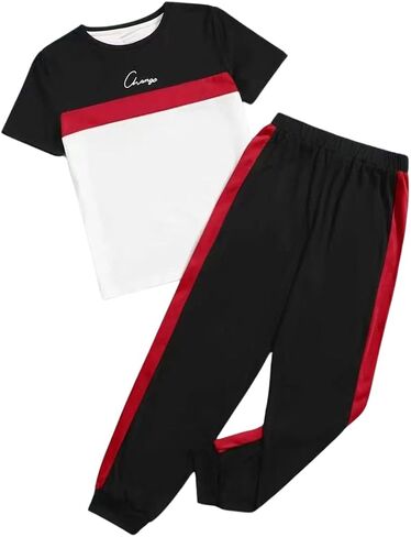 Kid Young Boy Clothes Outfits Casual Crew Neck Colorblock Short Sleeve Top 2pc Summer Fall Pants Set in Saudi Arabia