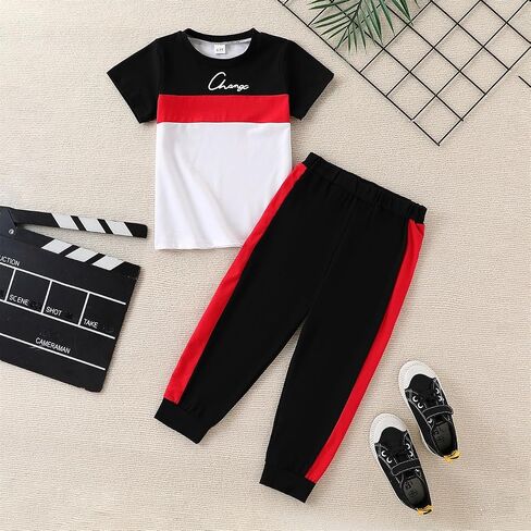 Kid Young Boy Clothes Outfits Casual Crew Neck Colorblock Short Sleeve Top 2pc Summer Fall Pants Set in Saudi Arabia