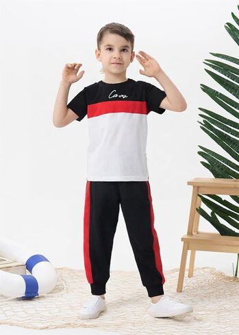 Kid Young Boy Clothes Outfits Casual Crew Neck Colorblock Short Sleeve Top 2pc Summer Fall Pants Set in Saudi Arabia
