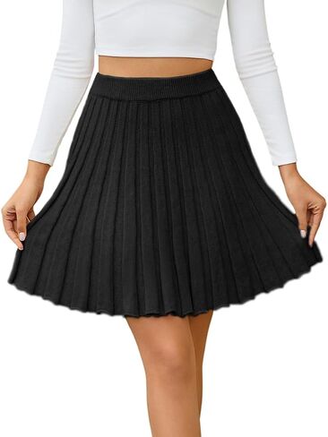 Women Knit Pleated Mini Skirts A Line Flared High Elastic Waist Knit Short Skirts in Saudi Arabia