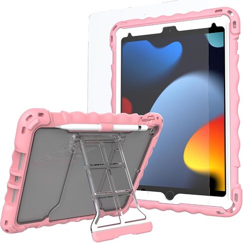 حافظة أطفال لجهاز iPad 10.2 بوصة - غطاء سيليكون مقاوم للصدمات مع واقي شاشة من الزجاج المقوى وحزام - متوافق مع iPad 9th/8th/7th Gen (2021) (وردي) in Saudi Arabia