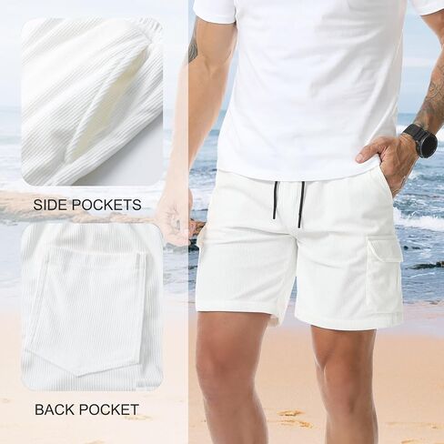 Suwangi Mens Casual Corduroy Shorts Outdoor Multipocket Loose Fit Wide Leg Short Drawstring Elastic Waist Spring Summer Short in Kuwait