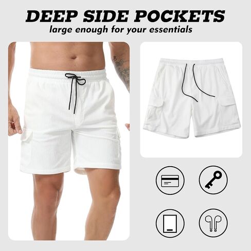Suwangi Mens Casual Corduroy Shorts Outdoor Multipocket Loose Fit Wide Leg Short Drawstring Elastic Waist Spring Summer Short in Kuwait