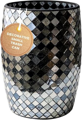 Black and Gold Bathroom Trash Can Mosaic Glass 5L | Decorative Small Garbage Can | 7" x 10" | Luxury Waste Basket for Bathroom, Office, Bedroom & Kitchen | Shiny Decorative Bathroom Accessory in Kuwait