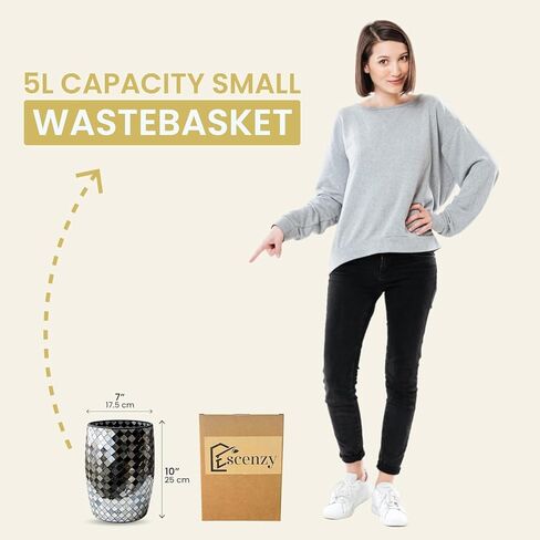 Black and Gold Bathroom Trash Can Mosaic Glass 5L | Decorative Small Garbage Can | 7" x 10" | Luxury Waste Basket for Bathroom, Office, Bedroom & Kitchen | Shiny Decorative Bathroom Accessory in Kuwait