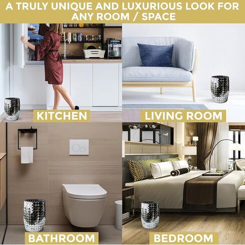 Black and Gold Bathroom Trash Can Mosaic Glass 5L | Decorative Small Garbage Can | 7" x 10" | Luxury Waste Basket for Bathroom, Office, Bedroom & Kitchen | Shiny Decorative Bathroom Accessory in Kuwait