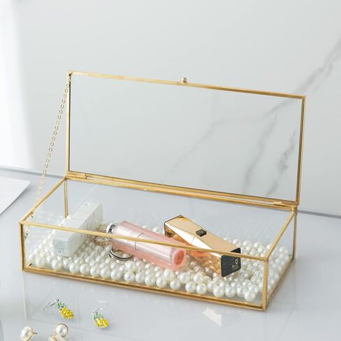 Vintage Glass Keepsake Box, Rectangle Jewelry Display Organizer Box Vanity Lidded Box Home Decor Accent Decorative Box for Storage Trinket Rings Bracelet in Saudi Arabia