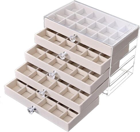 Earring Box Holder Organizer Display Case, Clear Velvet Jewelry Storage Tray Organizer for Earring Ring Stud (Beige - 5 Drawers) in Saudi Arabia