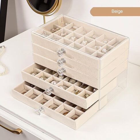Earring Box Holder Organizer Display Case, Clear Velvet Jewelry Storage Tray Organizer for Earring Ring Stud (Beige - 5 Drawers) in Saudi Arabia