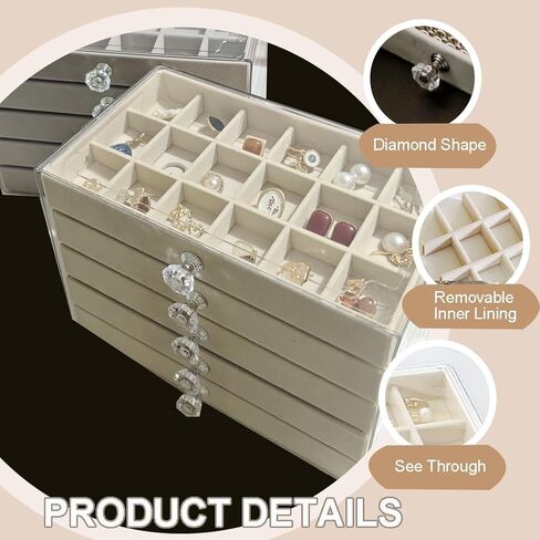 Earring Box Holder Organizer Display Case, Clear Velvet Jewelry Storage Tray Organizer for Earring Ring Stud (Beige - 5 Drawers) in Saudi Arabia