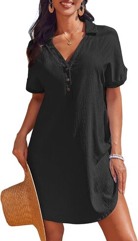 AI'MAGE Beach Cover Ups for Women Short Sleeve Swimsuit Coverup Button Down Bikini Bathing Suit Cover Up Dress Shirt in Saudi Arabia