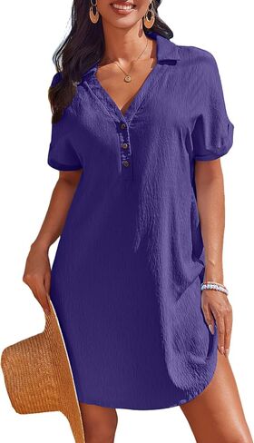 AI'MAGE Beach Cover Ups for Women Short Sleeve Swimsuit Coverup Button Down Bikini Bathing Suit Cover Up Dress Shirt in Kuwait