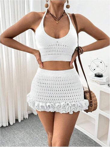SHENHE Women's Swimsuit Cover Up Set 2 Piece Crochet Crop Halter Tops Ruffle Skirt Beach Outfits in Saudi Arabia