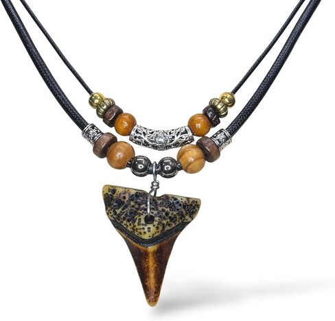 Shark Tooth Necklace for Men Boys Double Layer Necklace - Wood Beaded with Adjustable (Brown) in Saudi Arabia