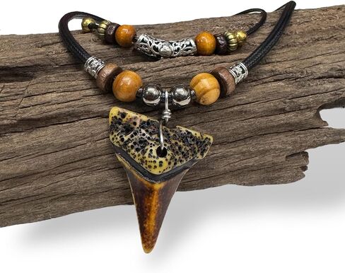 Shark Tooth Necklace for Men Boys Double Layer Necklace - Wood Beaded with Adjustable (Brown) in Saudi Arabia