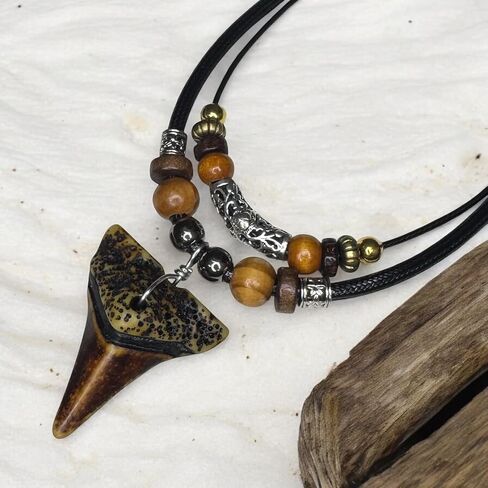 Shark Tooth Necklace for Men Boys Double Layer Necklace - Wood Beaded with Adjustable (Brown) in Saudi Arabia
