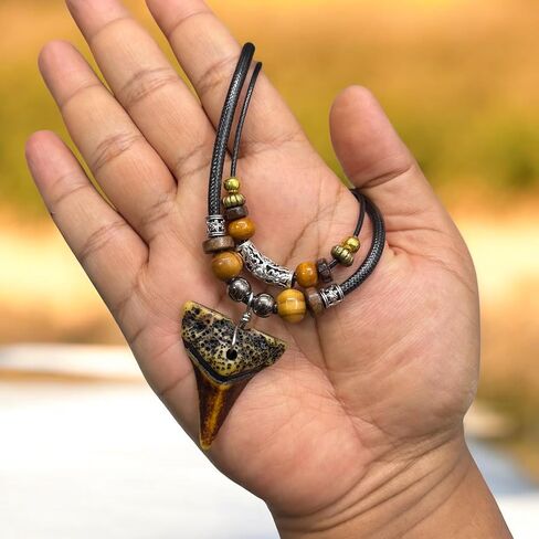 Shark Tooth Necklace for Men Boys Double Layer Necklace - Wood Beaded with Adjustable (Brown) in Saudi Arabia