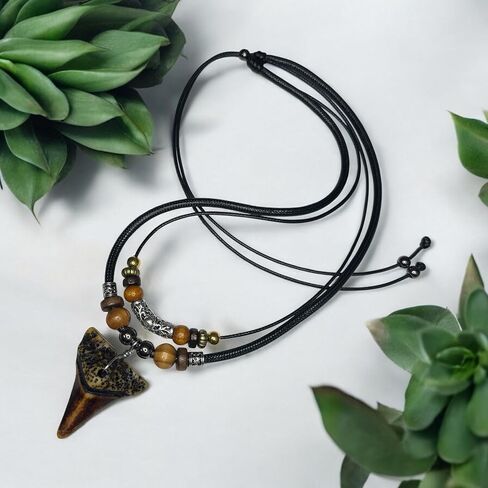 Shark Tooth Necklace for Men Boys Double Layer Necklace - Wood Beaded with Adjustable (Brown) in Saudi Arabia