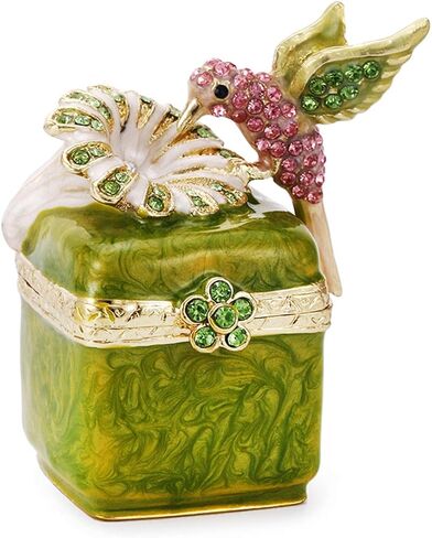 Hand Painted Enamel Hinged Trinket Box, Unique Mini Ring Necklace Jewelry Organizer, Classical Antique Bejeweled Storage, Figurine Collectible Keepsake Home Decor (Hummingbird on Box) in Saudi Arabia
